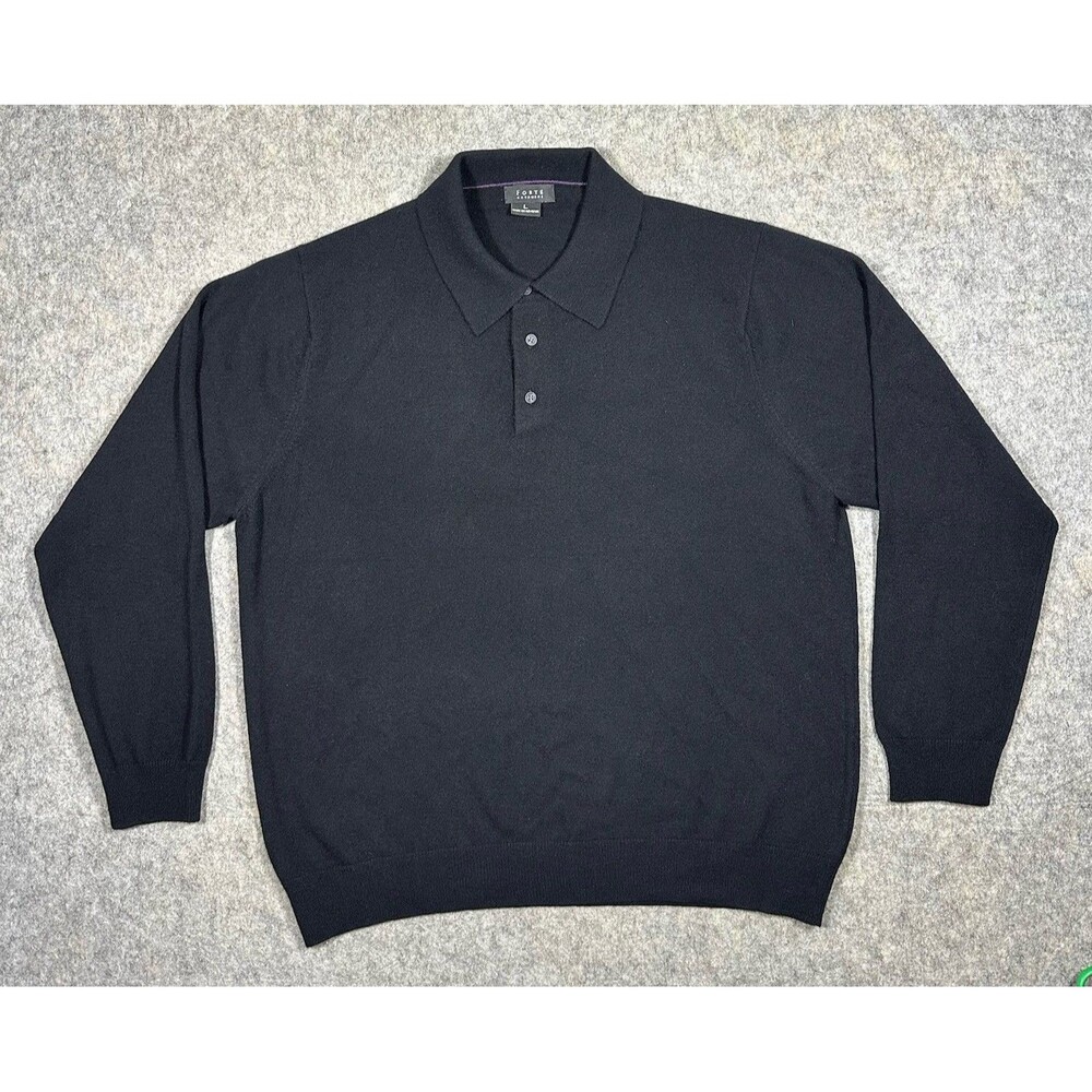 Forte 100% Cashmere Sweater Men’s L Black 1/4 Button Soft Luxury Comfort Polo